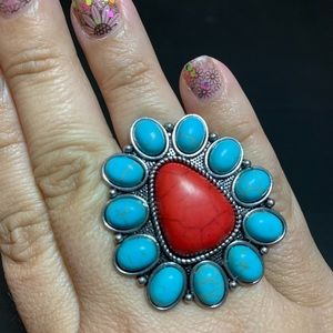 Red and Turquoise Stone Silver Ring Adjustable